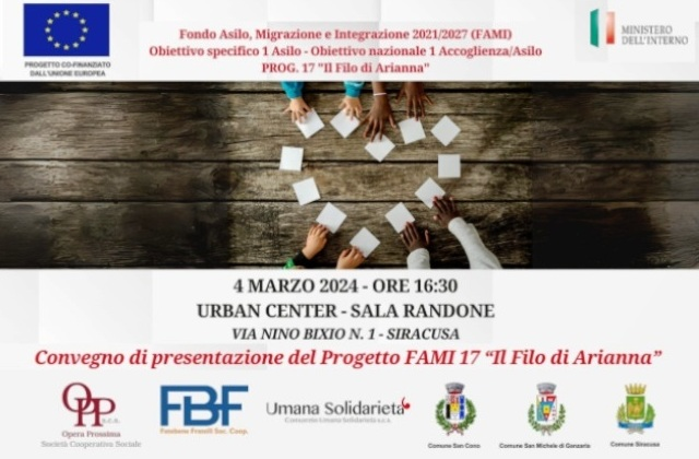 Siracusa. Il 4 marzo, Convegno di presentazione del progetto FAMI 17 “Il Filo di Arianna”